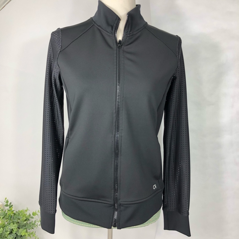 Gap XS Black zip-up athletic jacket w ribbed cuffs mesh panel sleeves detailing